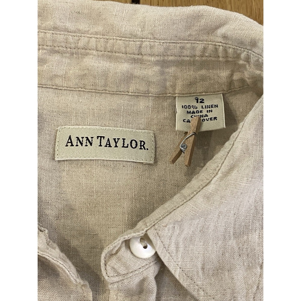 Ann Taylor Shirt Women Size 12 Linen Beige Long Sleeve Coastal Resort* - Picture 9 of 10